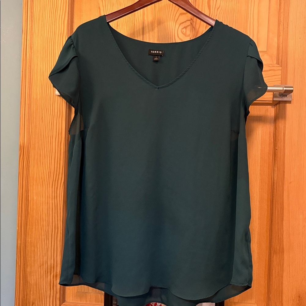 torrid Dark Teal V-Neck Flutter Sleeve Blouse - Picture 1 of 7